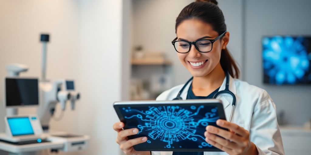 Optometrist using AI phone system on tablet.