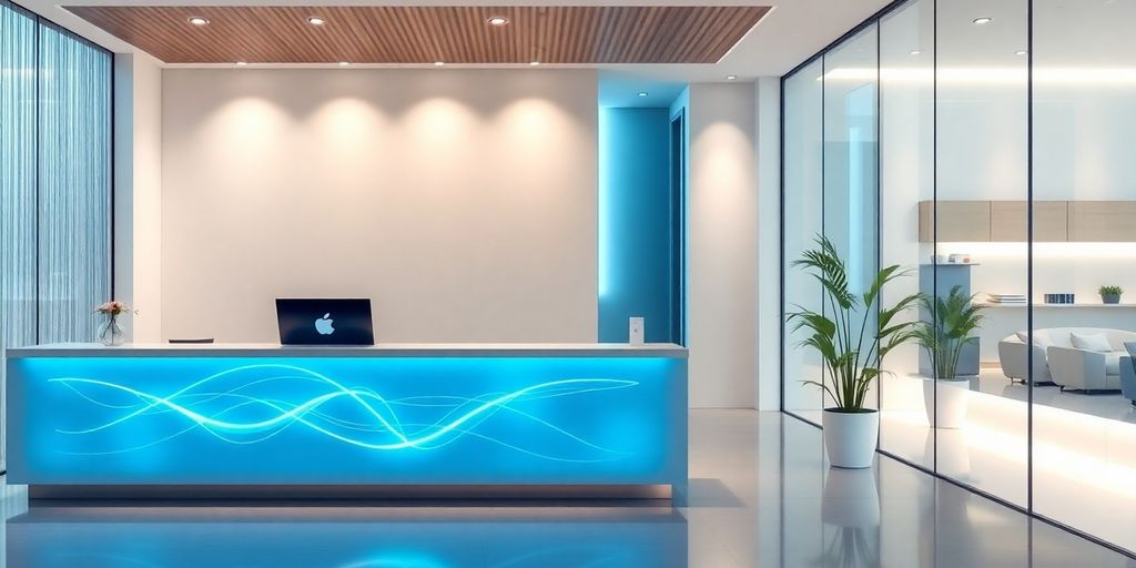 Cosmetic clinic reception desk with glowing AI interface.