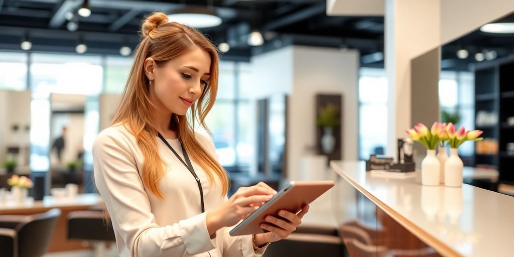 Salon receptionist looking at a tablet, smiling.