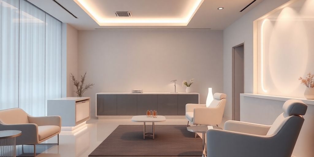 Cosmetic clinic interior with futuristic AI interface.