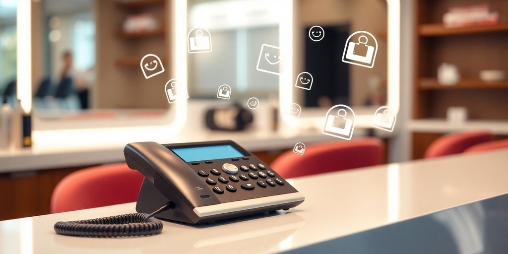 Salon owner smiling, phone ringing with glowing booking icons.