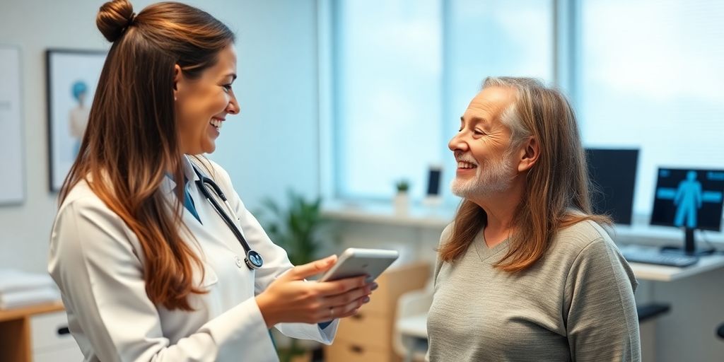 Physiotherapist interacting with a patient, smiling.