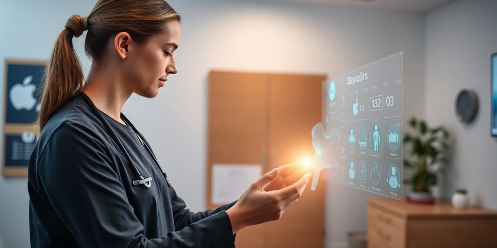 Physiotherapist using a tablet with glowing AI interface.