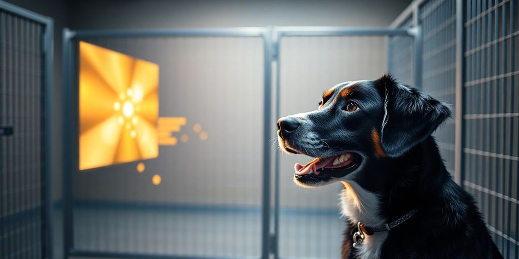 Friendly dog interacting with a digital interface.