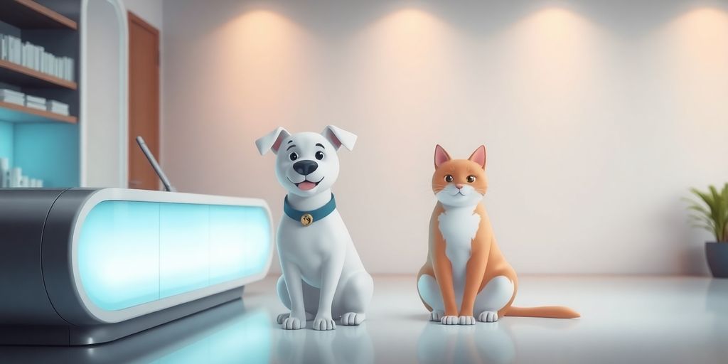 Happy dog and cat at a modern kennel reception.