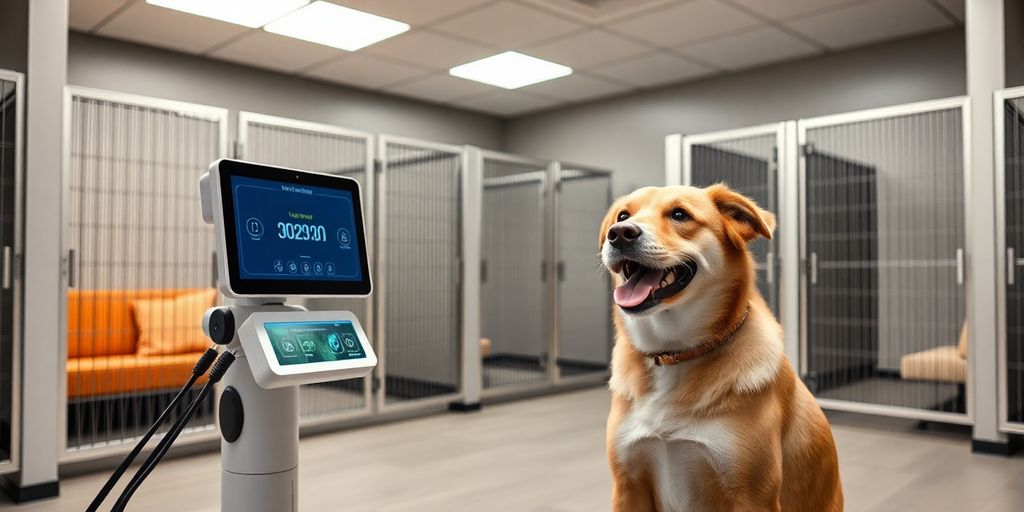 Modern kennel with AI receptionist assisting a dog.