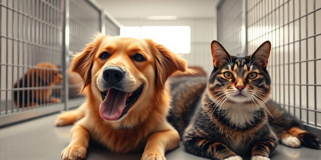 Happy dog and cat in a modern kennel.
