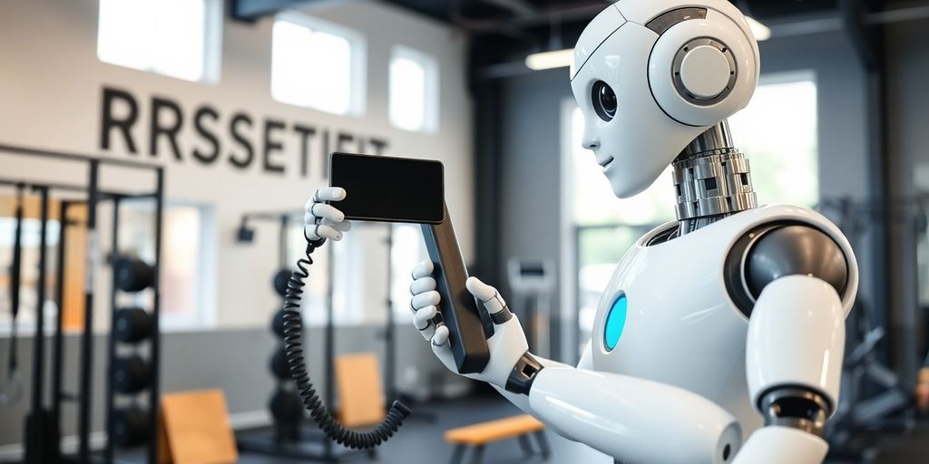 CrossFit gym interior with a robot answering a phone.