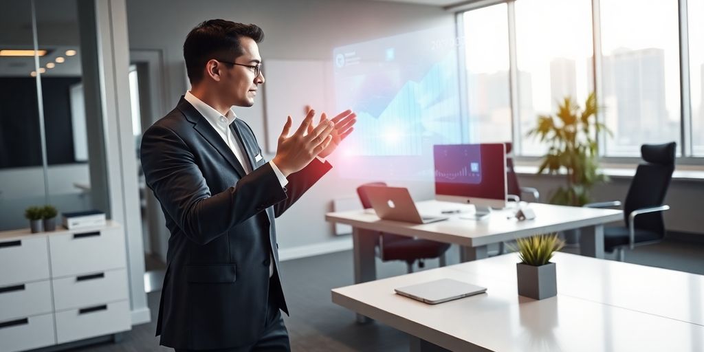 Business professional interacting with futuristic technology.