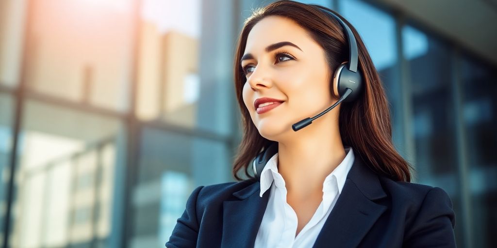 A professional woman speaks on a phone near modern office building.
