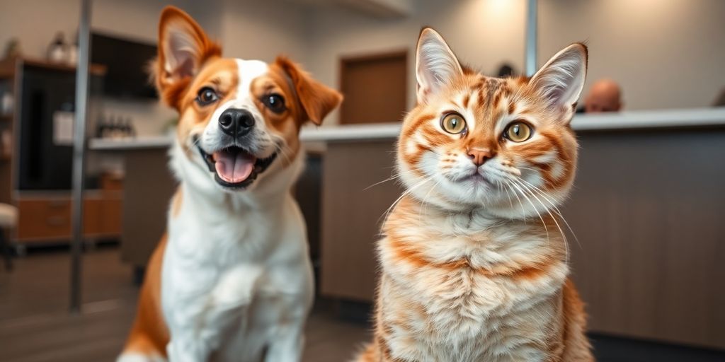 Happy dog and cat at pet groomer.