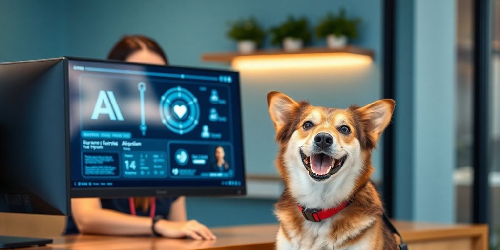 Smiling receptionist using AI pet grooming software.