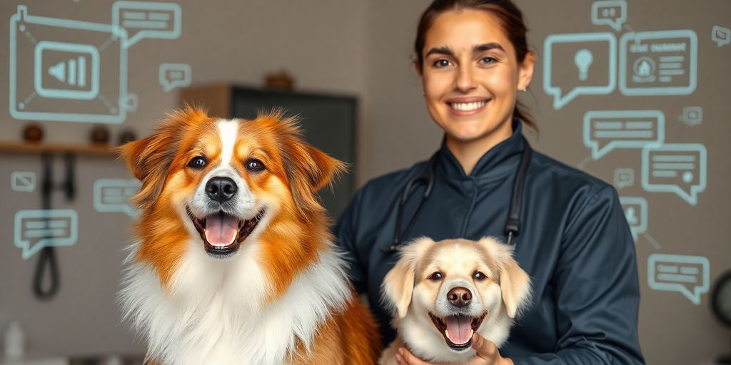 Pet groomer smiling with happy dog and AI interface.