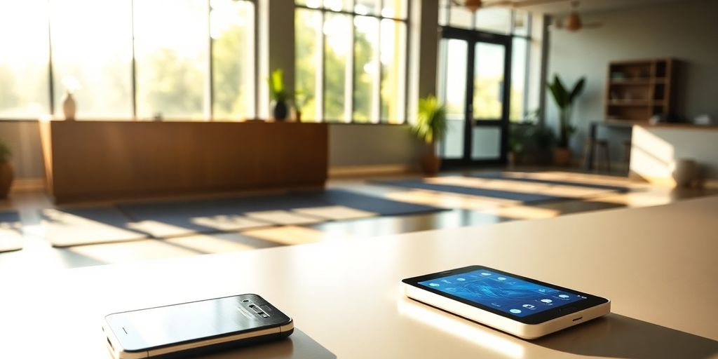 Yoga studio reception with AI phone system interface.