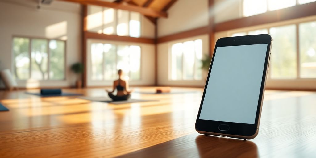Yoga studio with AI phone system interface.
