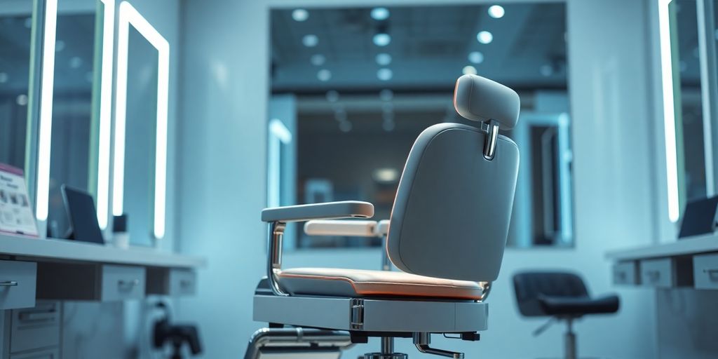 Barber chair with a glowing technological aura.