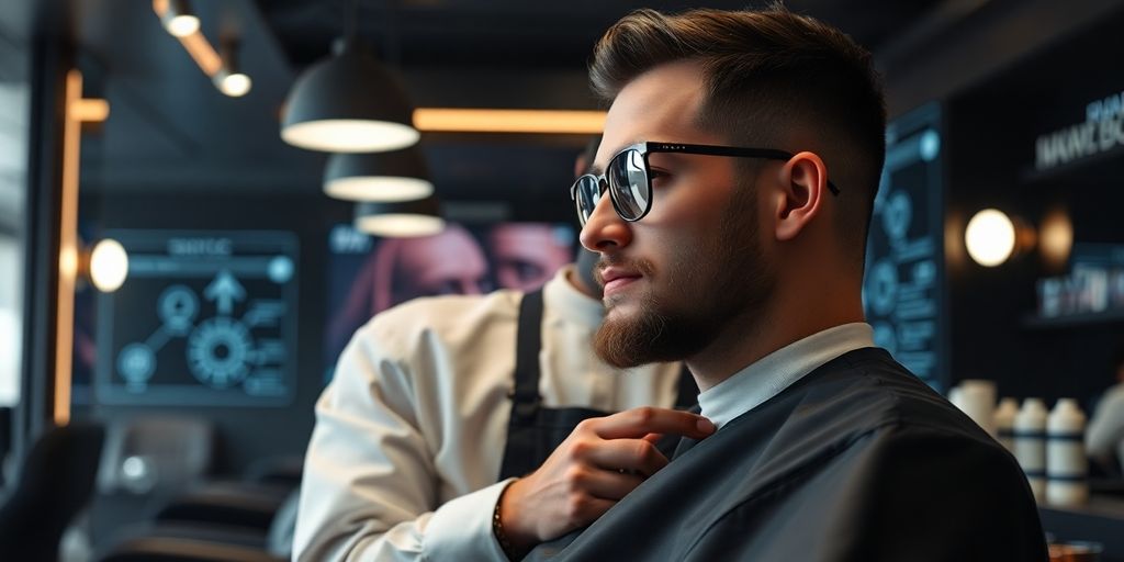 Barber shop interior with AI receptionist.