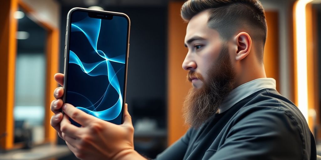 Barber using AI system on phone.