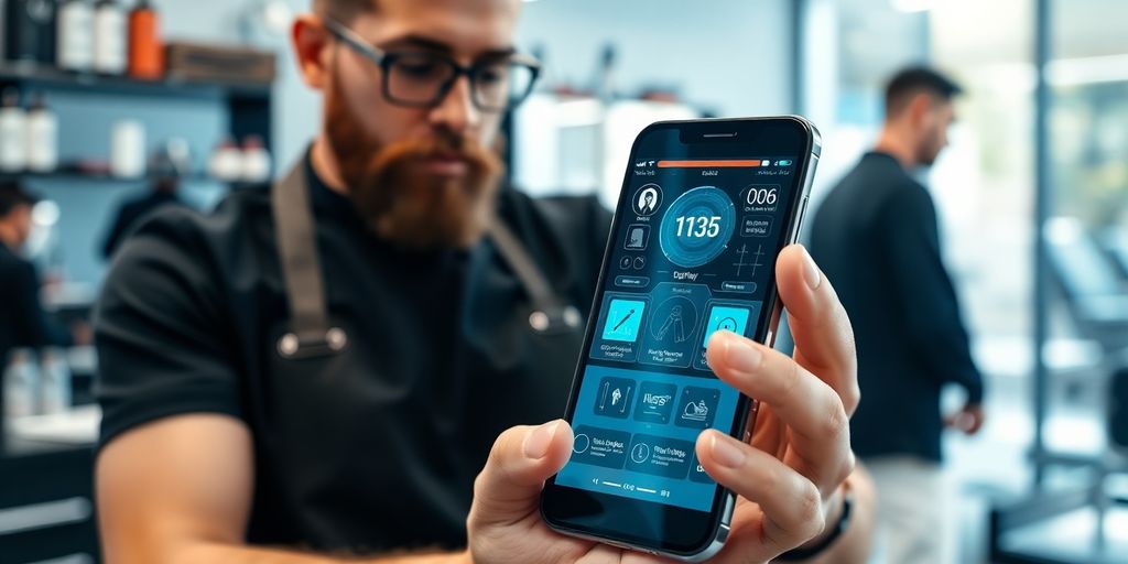 Barber using smartphone, AI assistant on screen.