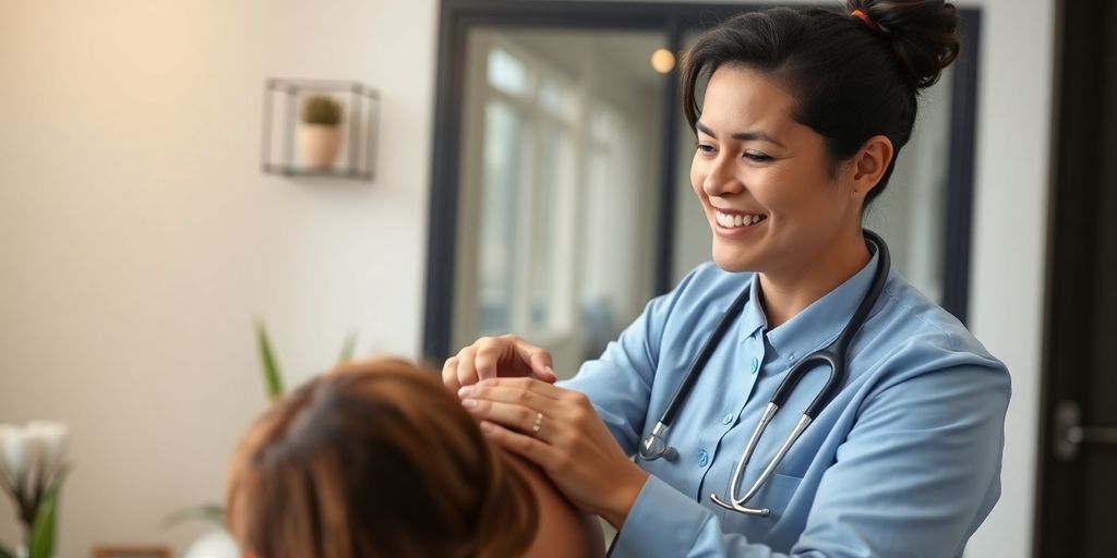 Chiropractor smiling, helping patient.