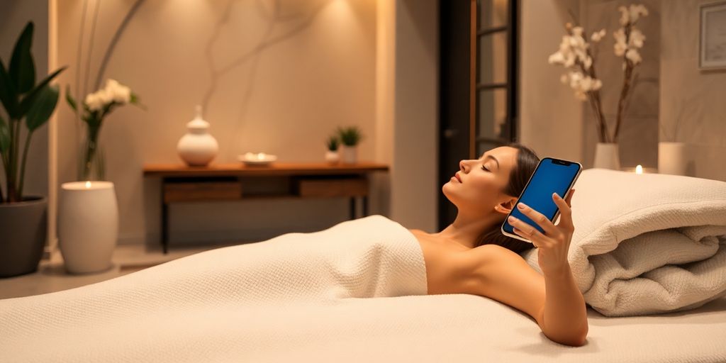 Spa client smiling while talking on phone.