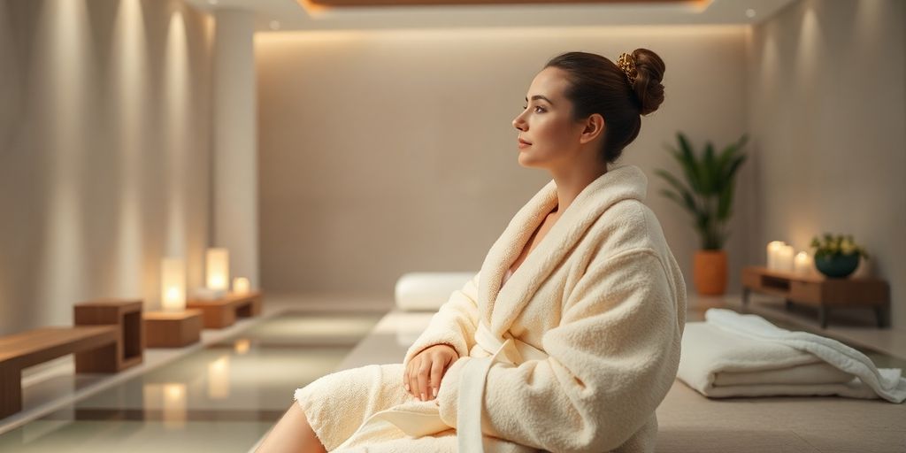 Woman relaxing in a spa with a sleek tablet.