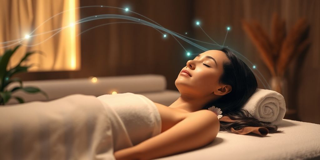 Spa client relaxing, AI phone answering.
