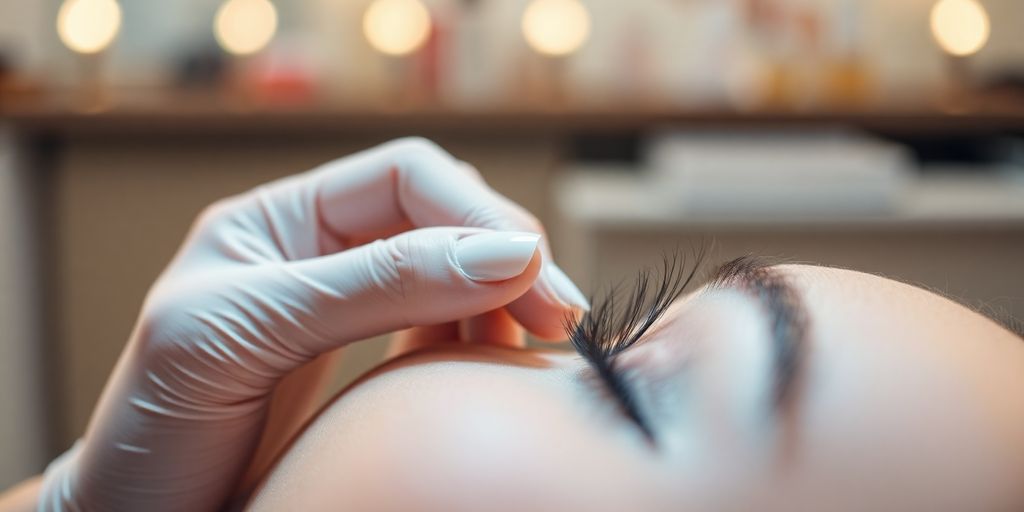 Elegant lash artist adjusting a client's lashes.