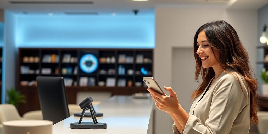 Nail salon reception with a smiling client and an AI headset.