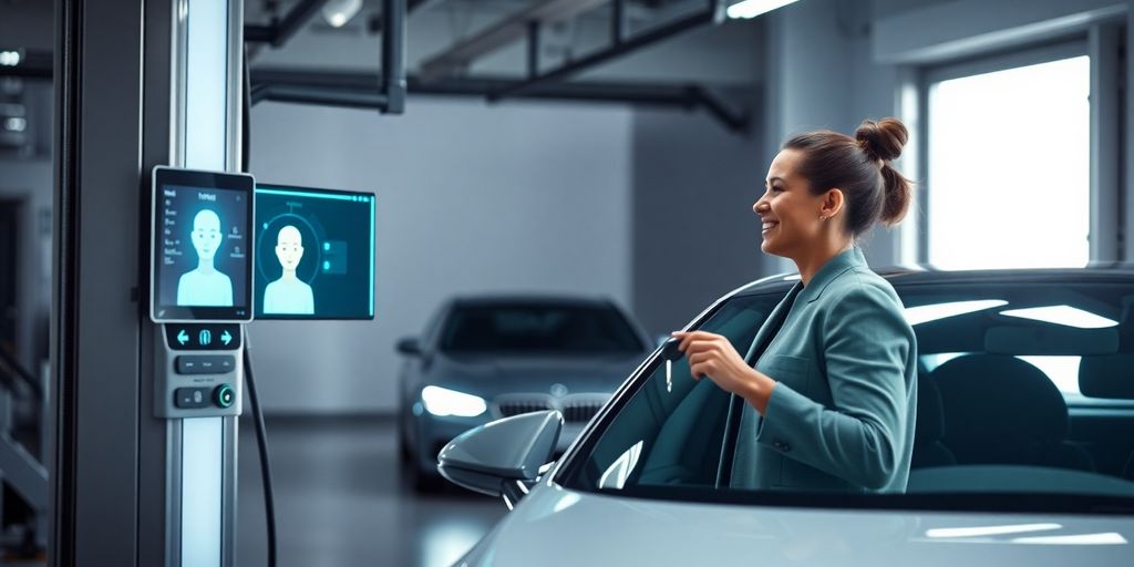 AI receptionist interacting with happy car wash customer.