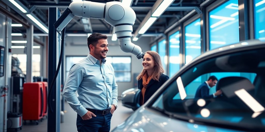 Car wash attendant smiling, robotic arm assisting customer.