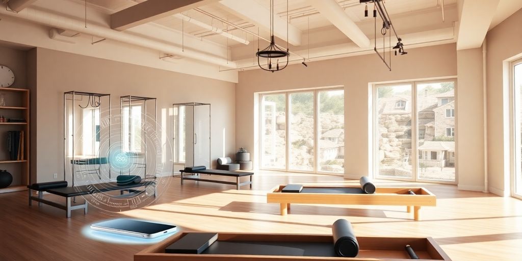 Pilates studio interior with AI phone system interface.