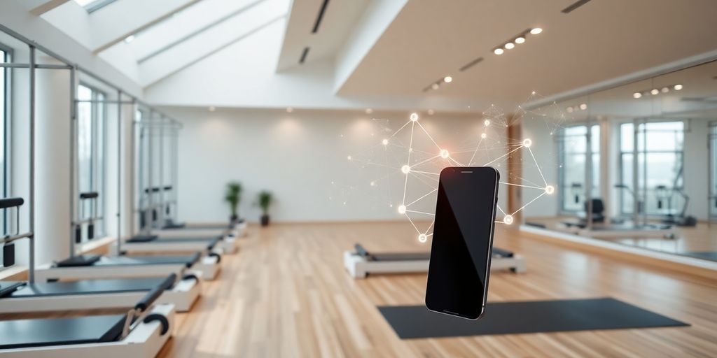 Pilates studio interior with AI interface.