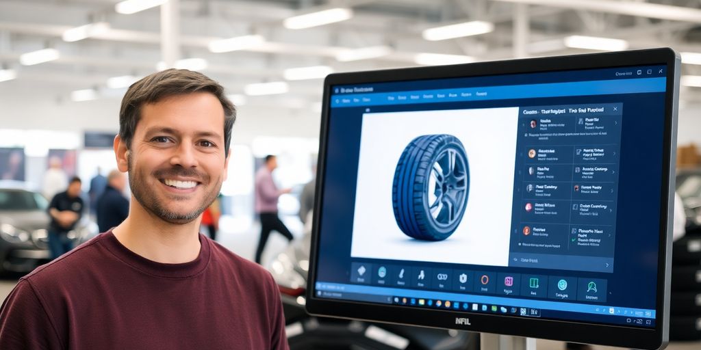 Tire shop owner smiling next to AI virtual receptionist.