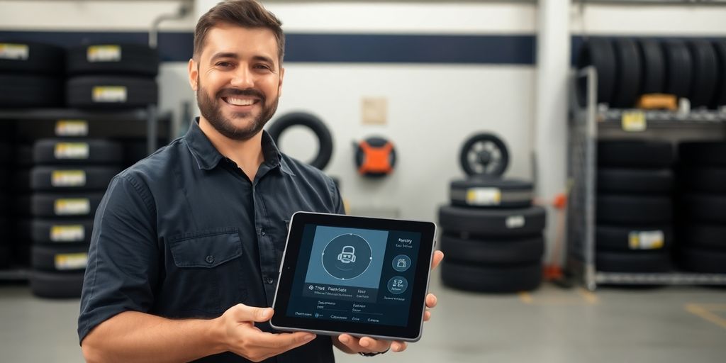 Tire shop owner smiling with AI assistant interface.
