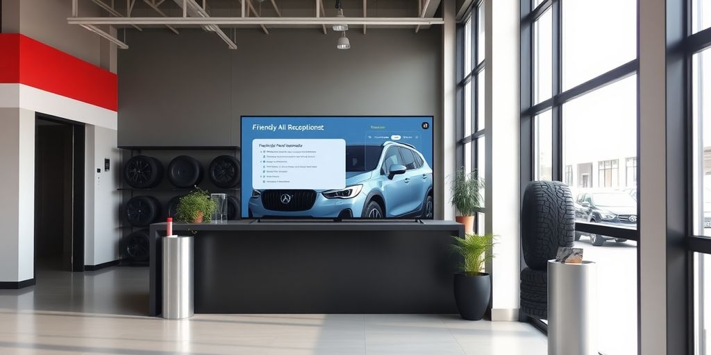 Tire shop reception desk with AI virtual assistant.