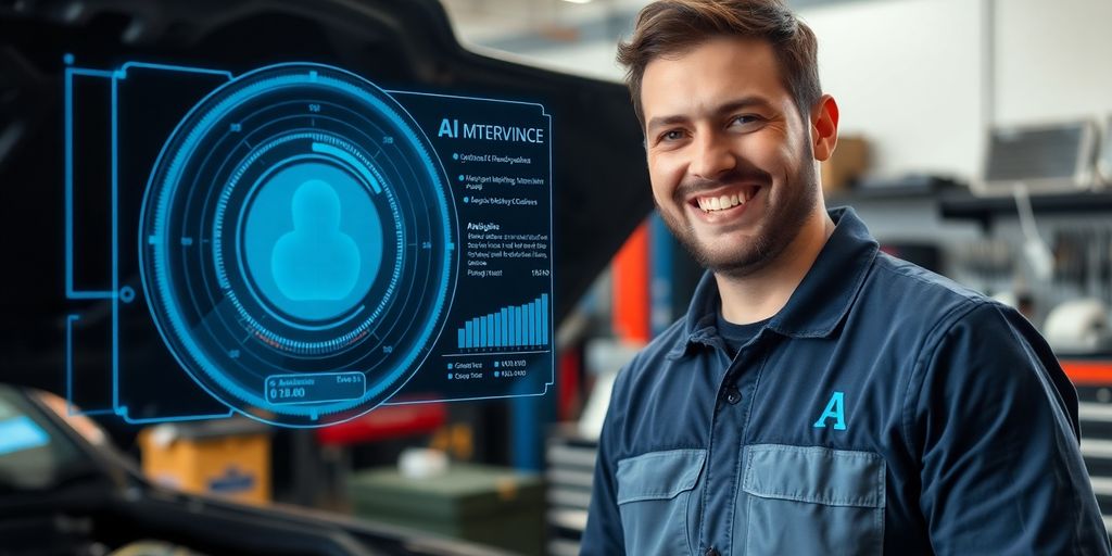 Mechanic interacting with AI interface.
