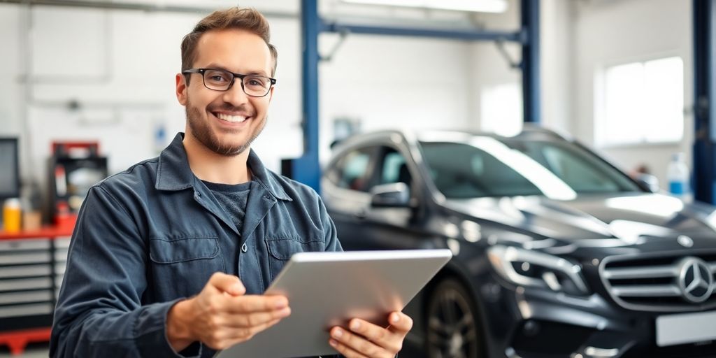Mechanic using tablet in auto repair shop.