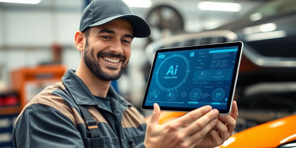 Mechanic talking with AI on a tablet screen