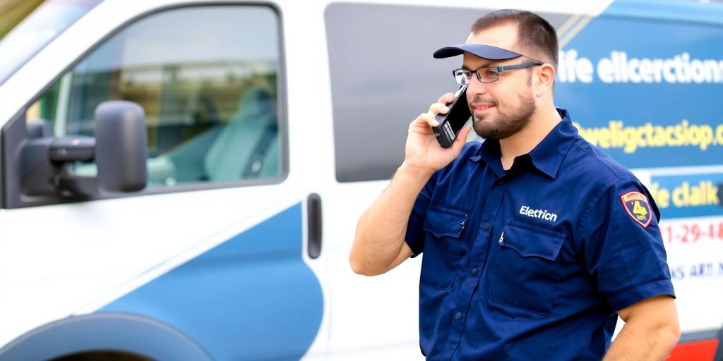 Electrician talking on phone near service van.