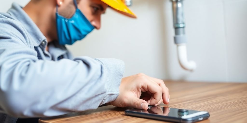 Plumber working on a pipe with a smartphone nearby.