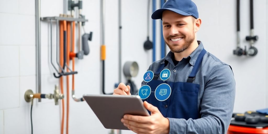 Plumber using AI phone system on tablet