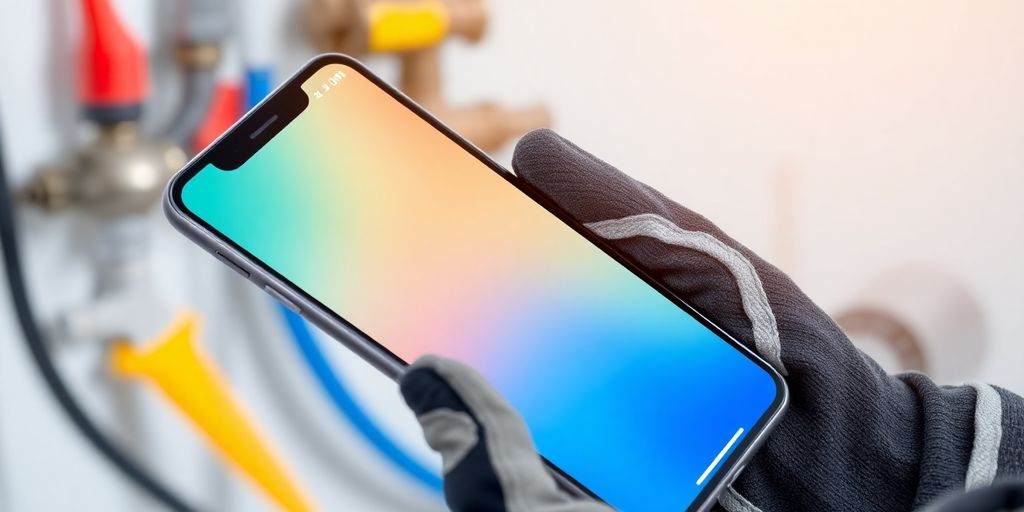 Plumber using AI phone system on smartphone.