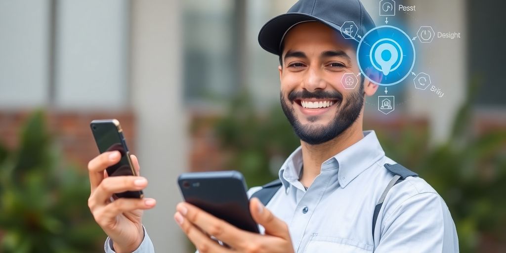 Pest control technician holding smartphone with AI interface.