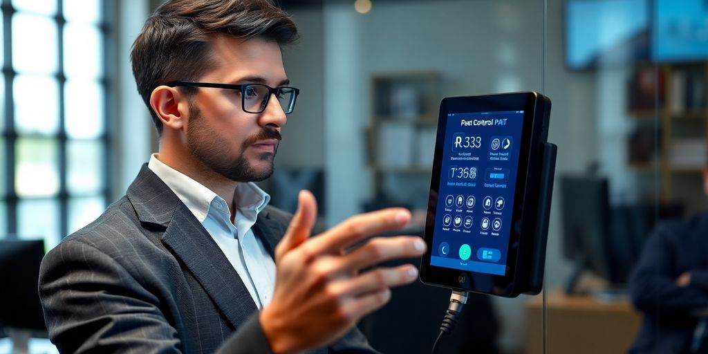 Business owner smiling with AI answering system.