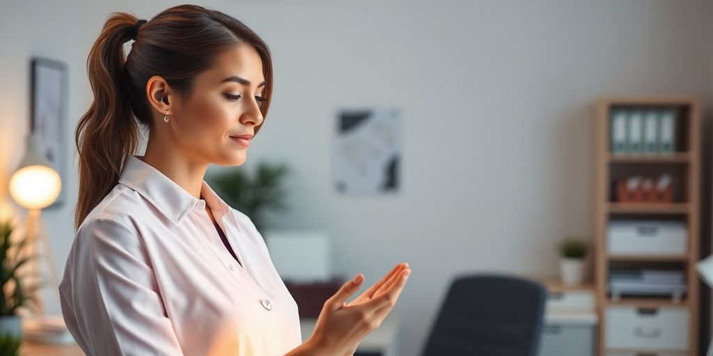 Therapist calmly interacting with a sleek, modern device.