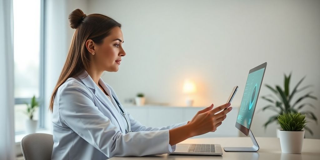 Therapist using AI phone system on futuristic interface.