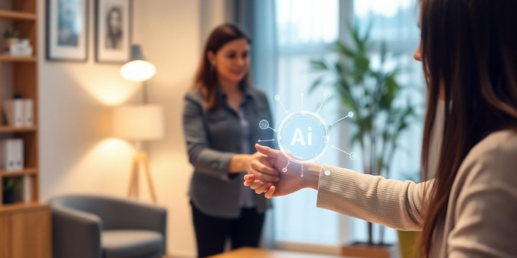 Therapist and AI interacting seamlessly in a modern office.