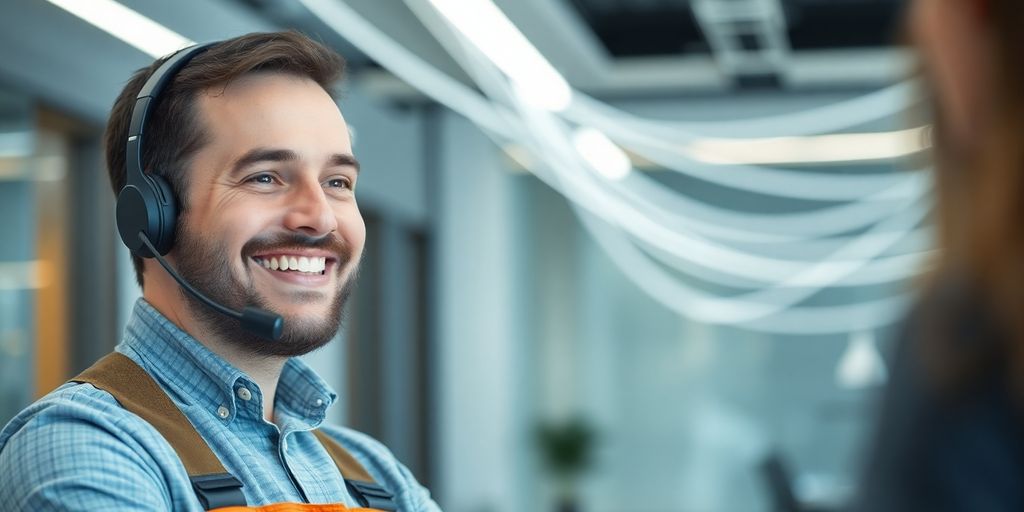 HVAC technician with AI headset interacting with caller.