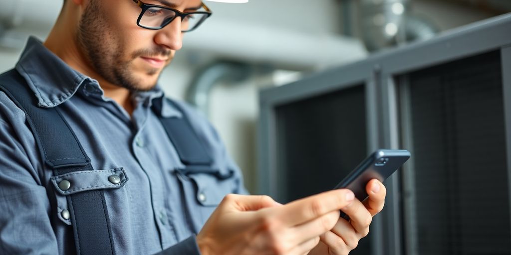 HVAC technician using a smart phone with AI interface.